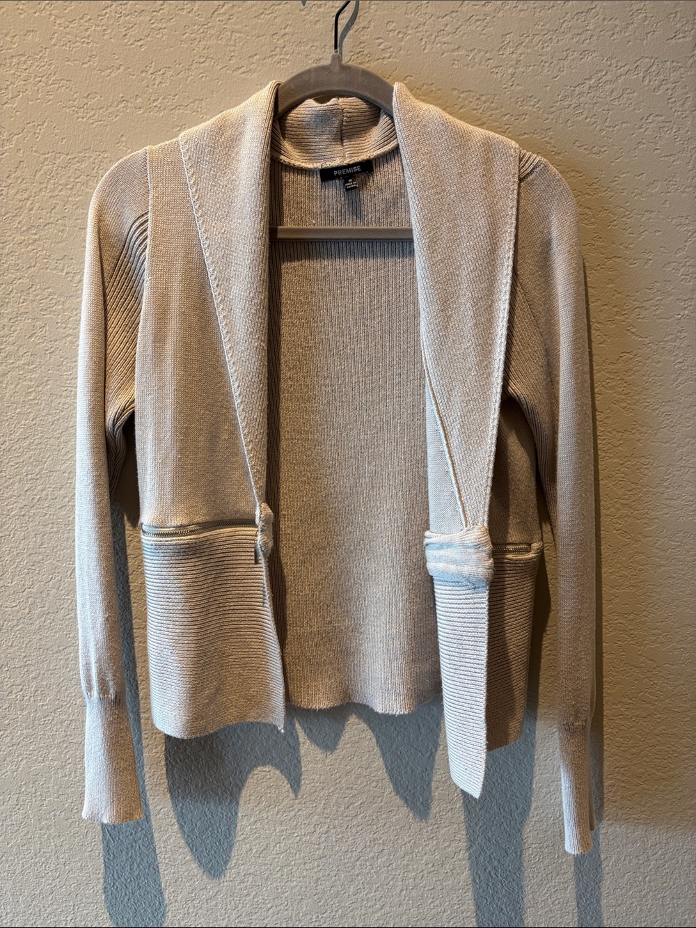 Premise | Cream Open-Front Shawl Collar Cardigan with Zipper Detail
